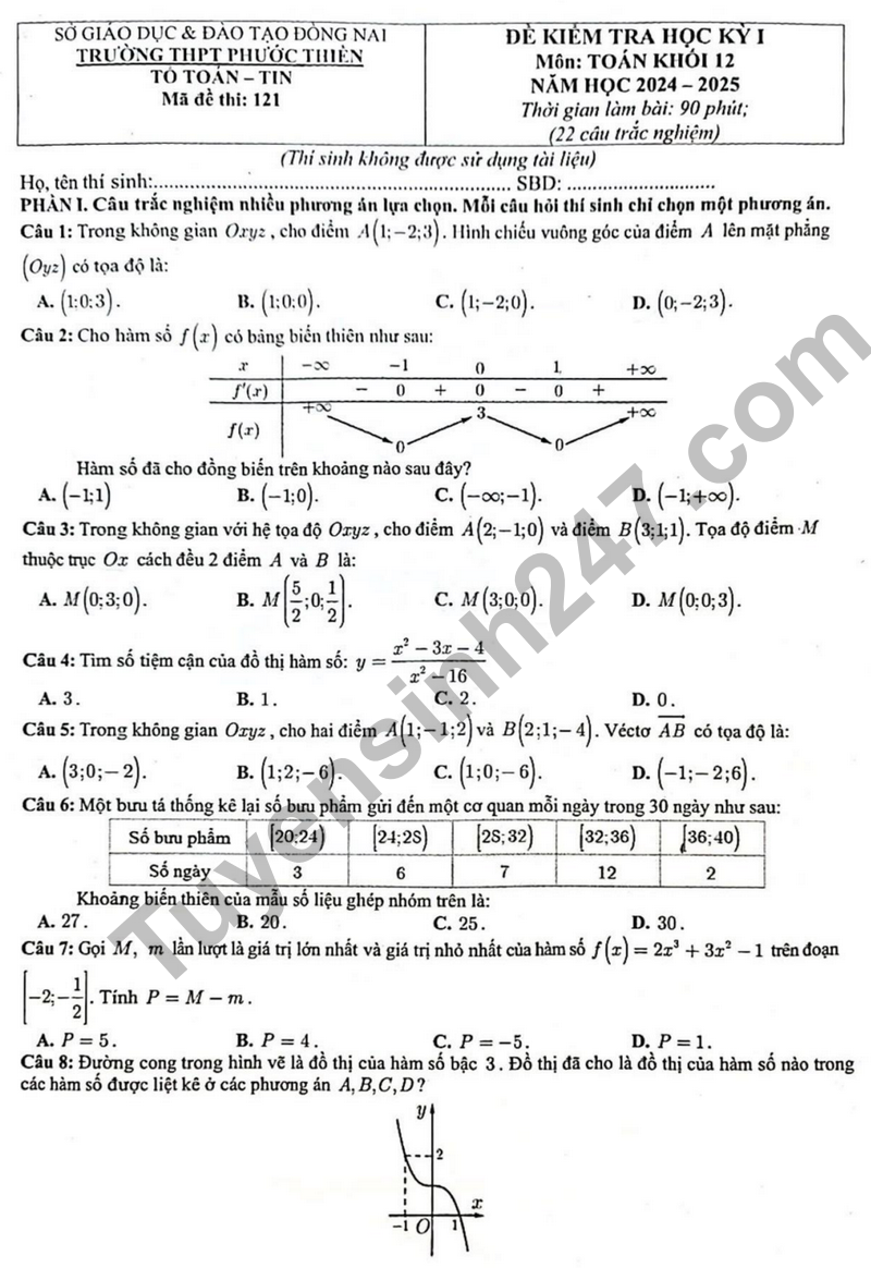 De thi HK1 lop 12 mon Toan - THPT Phuoc Thien 2024