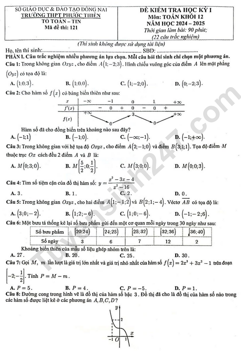 De thi HK1 lop 12 mon Toan - THPT Phuoc Thien 2024