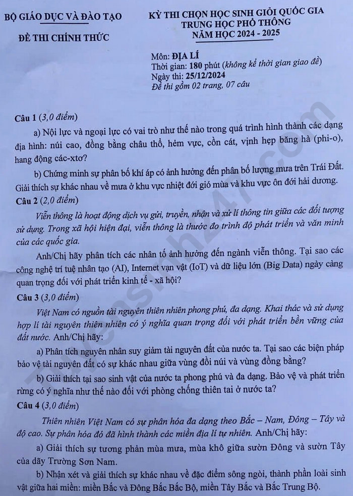 De thi hoc sinh gioi Quoc gia mon Dia ly 2024