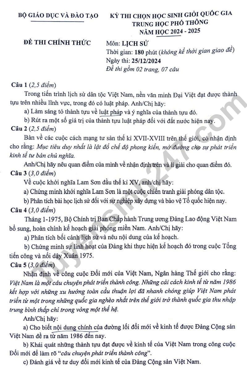 De thi HSG Quoc gia mon Su nam 2024