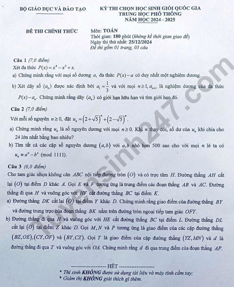 De thi hoc sinh gioi Quoc gia mon Toan 2024