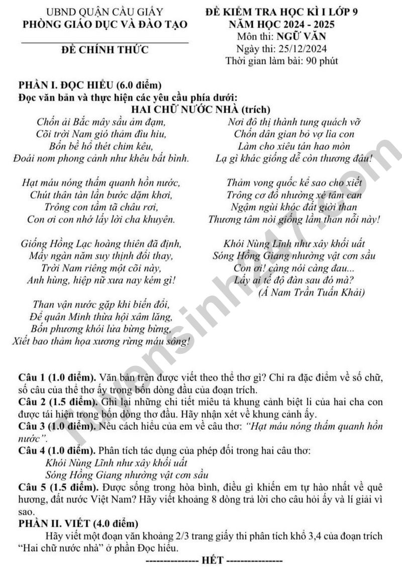 De thi HK1 lop 9 mon Van - Quan Cau Giay 2024