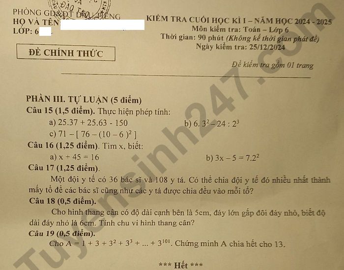 De thi hoc ki 1 lop 6 mon Toan 2024 - Phong GD Dau Tieng