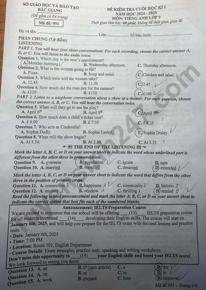 De thi cuoi ki 1 lop 9 mon Anh 2024 - So GD Bac Giang