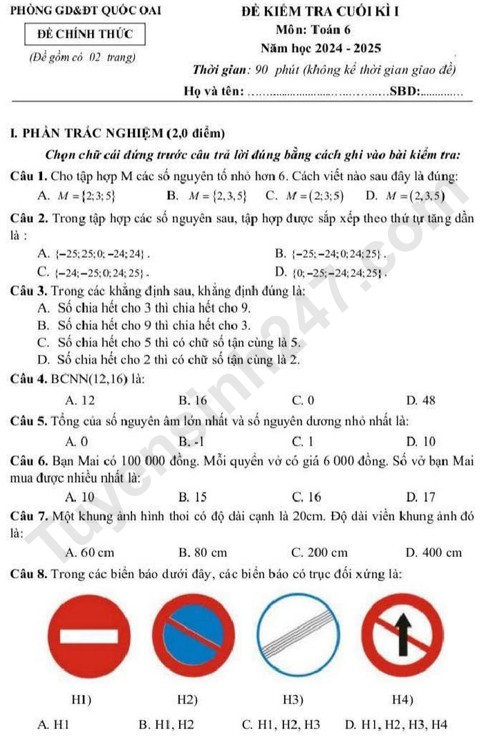 De thi ki 1 lop 6 mon Toan 2024 - Phong GD Quoc Oai (Co dap an)