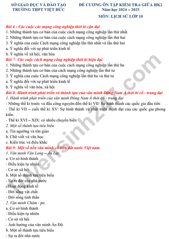 De cuong giua ki 2 mon Su lop 10 - THPT Viet Duc nam 2025