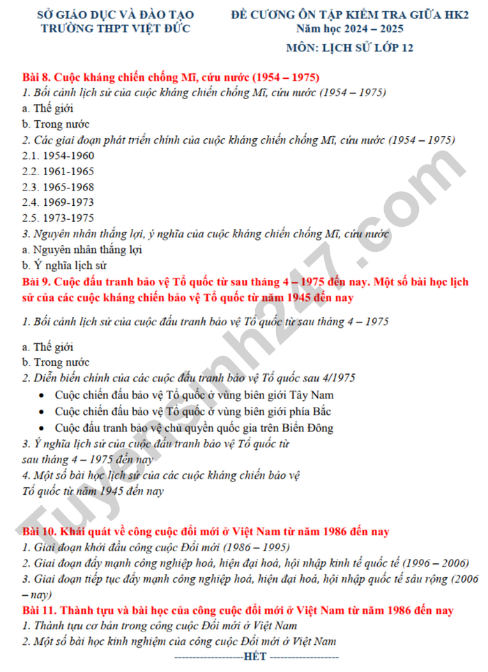 De cuong giua ki 2 lop 12 mon Su - THPT Viet Duc 2025