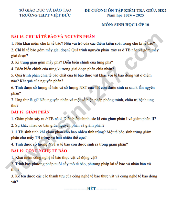 De cuong on tap giua ki 2 mon Sinh lop 10 nam 2025 - THPT Viet Duc