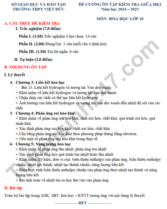 De cuong on tap giua ki 2 nam 2025 lop 10 mon Hoa - THPT Viet Duc