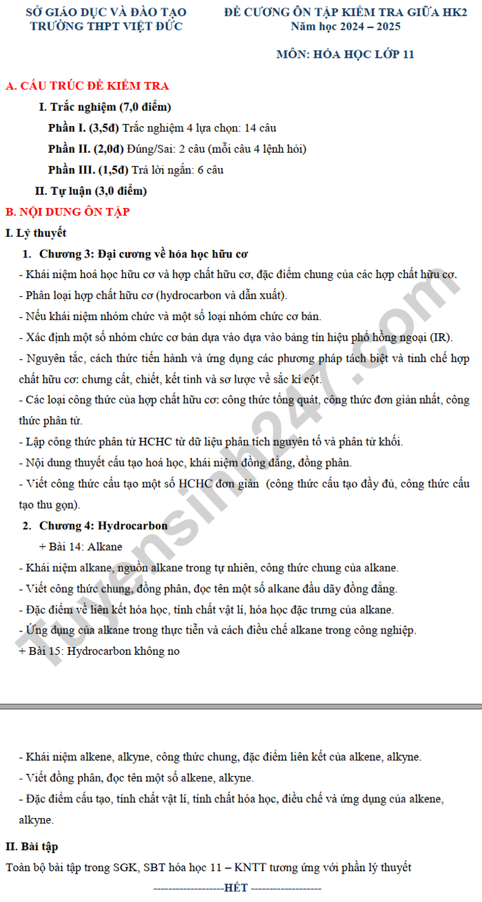 De cuong giua ki 2 mon Hoa lop 11 - THPT Viet Duc nam 2025