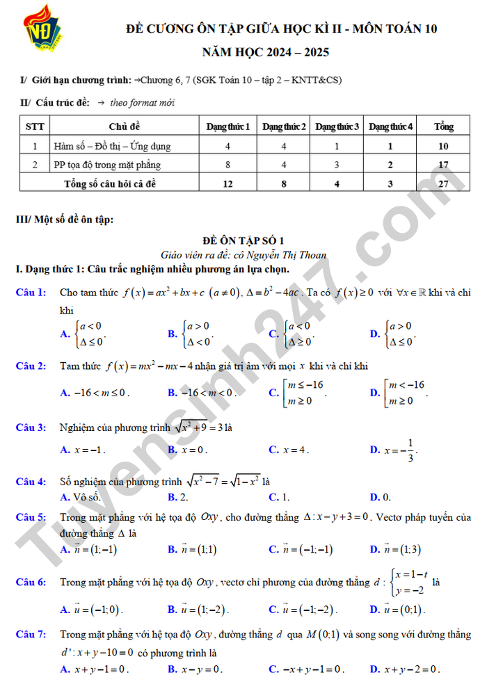 De cuong giua ki 2 lop 10 mon Toan nam 2025 - THPT Viet Duc