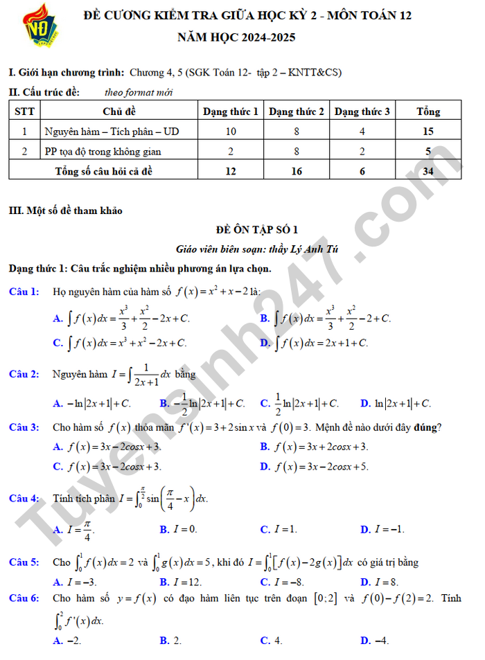 De cuong on tap giua ki 2 mon Toan lop 12  - THPT Viet Duc nam 2025