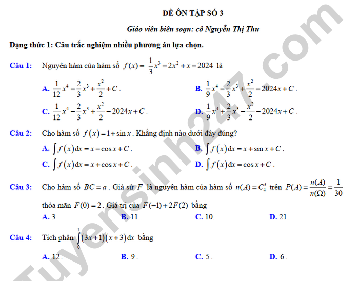 De cuong on tap giua ki 2 mon Toan lop 12  - THPT Viet Duc nam 2025