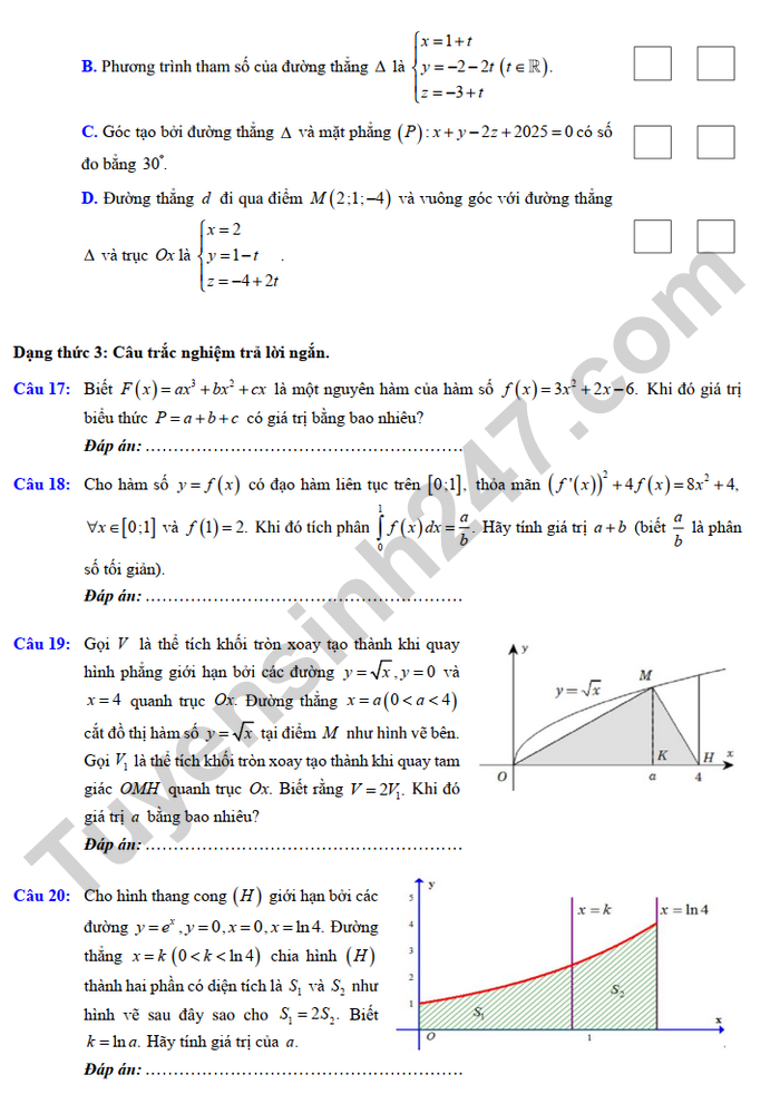 De cuong on tap giua ki 2 mon Toan lop 12  - THPT Viet Duc nam 2025