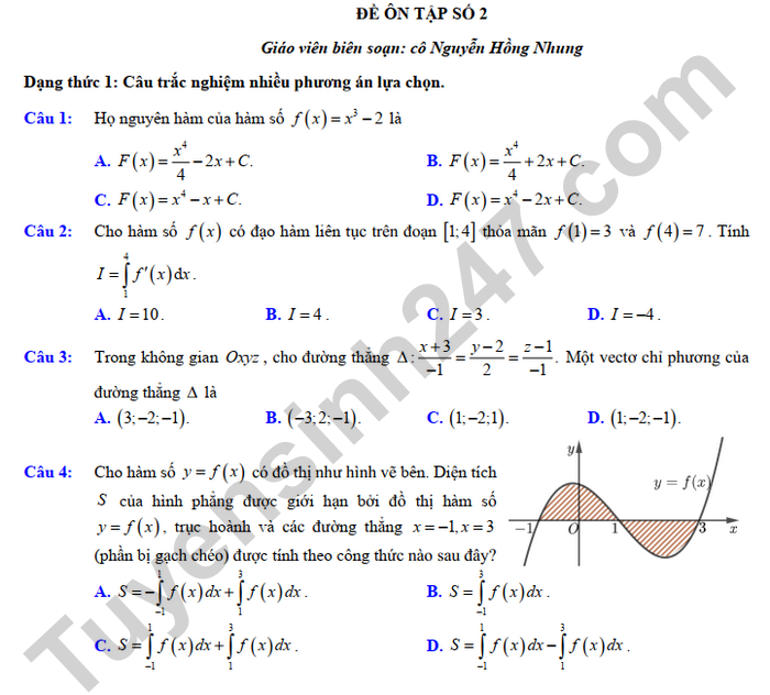 De cuong on tap giua ki 2 mon Toan lop 12  - THPT Viet Duc nam 2025