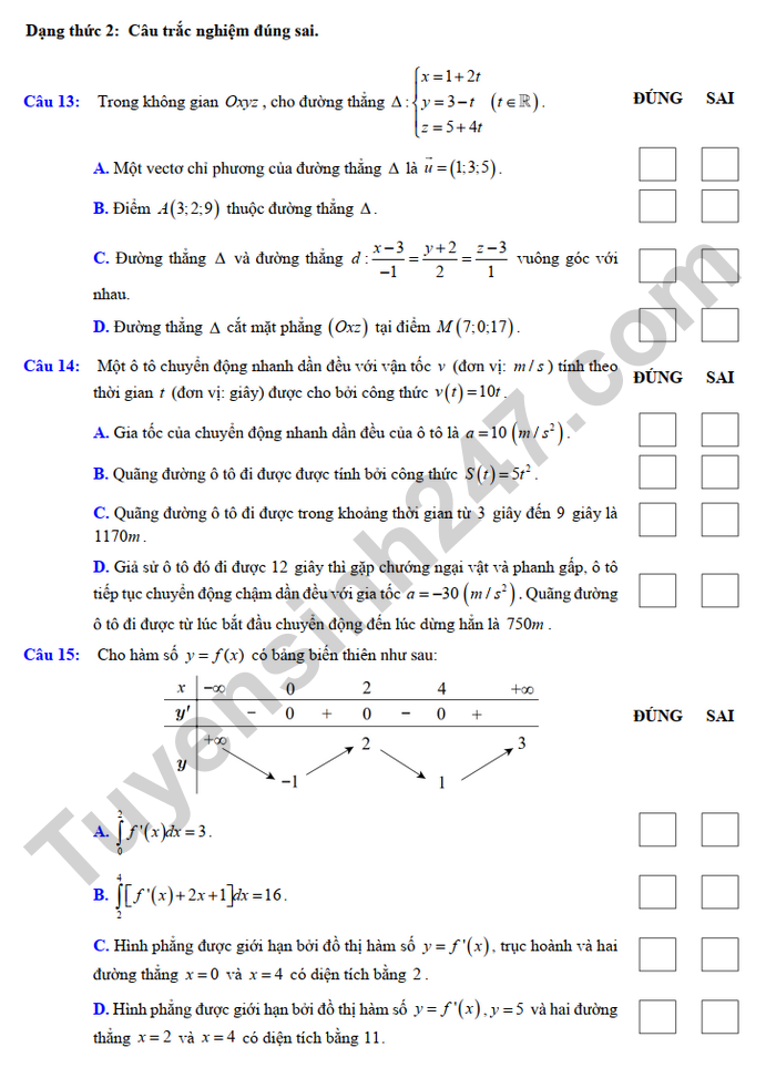 De cuong on tap giua ki 2 mon Toan lop 12  - THPT Viet Duc nam 2025
