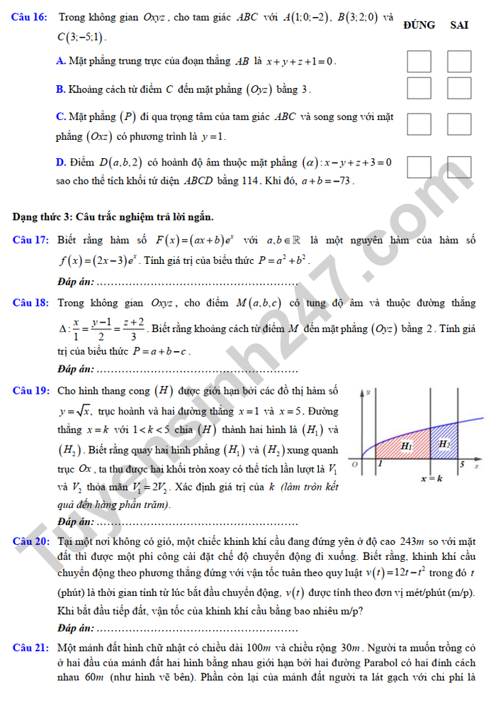 De cuong on tap giua ki 2 mon Toan lop 12  - THPT Viet Duc nam 2025