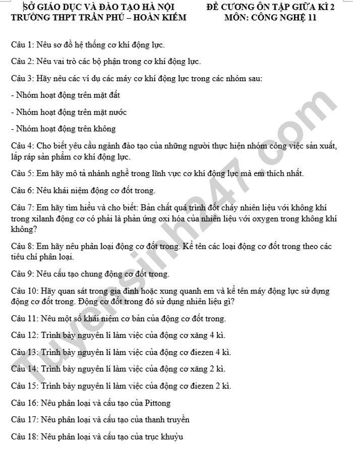 De cuong giua ki 2 lop 11 mon Cong Nghe 2025 - THPT Tran Phu-Hoan Kiem