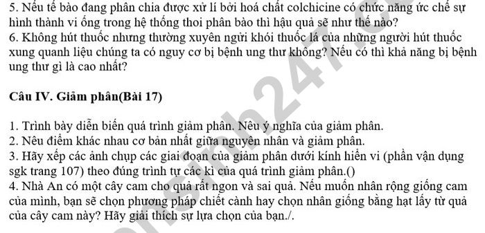 Noi dung on tap giua ki 2 nam 2025 lop 10 mon Sinh - THPT Tran Phu-Hoan Kiem