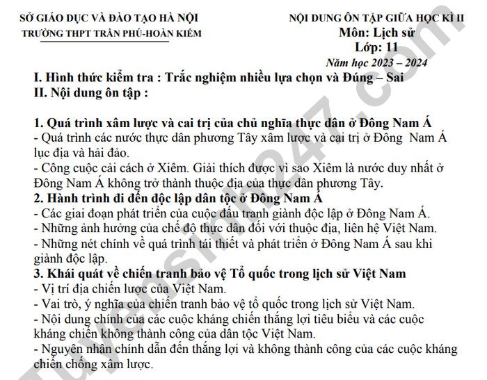 Noi dung on tap giua HK2 mon Su lop 11 - THPT Tran Phu-Hoan Kiem 2025