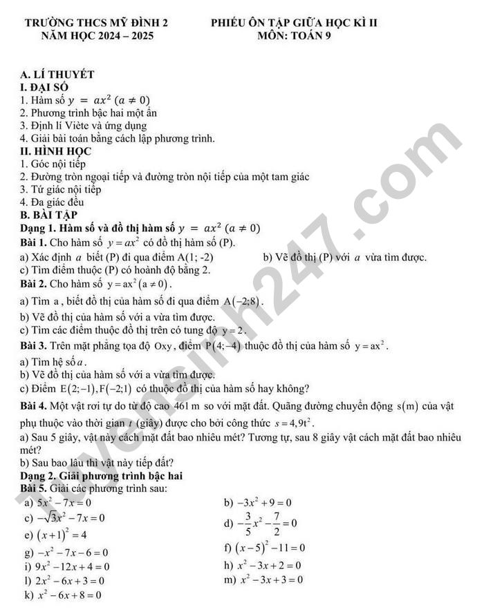 De cuong on tap giua ki 2 mon Toan 9 - THCS My Dinh 2 nam 2025