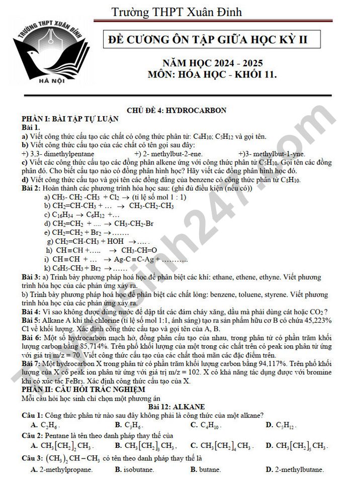 De cuong giua ki 2 mon Hoa 11 - THPT Xuan Dinh 2025