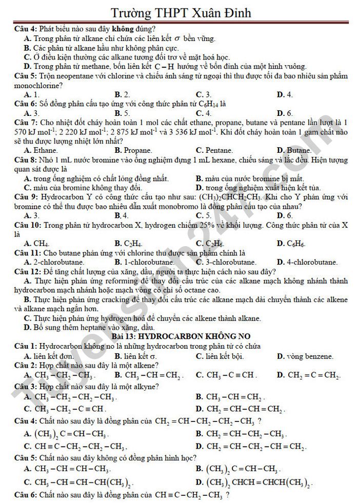 De cuong giua ki 2 mon Hoa 11 - THPT Xuan Dinh 2025