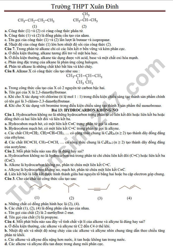 De cuong giua ki 2 mon Hoa 11 - THPT Xuan Dinh 2025