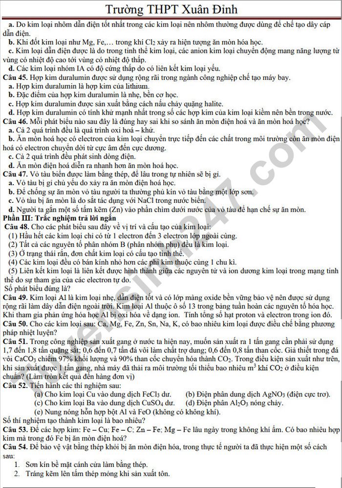 De cuong on tap giua ki 2 mon Hoa 12 - THPT Xuan Dinh 2025