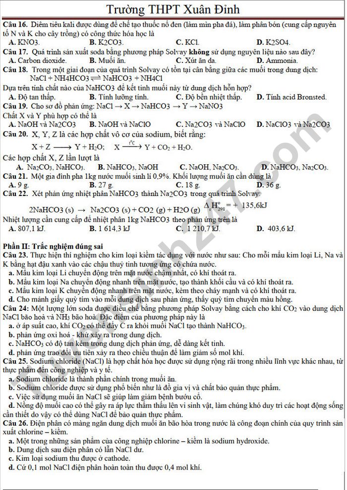 De cuong on tap giua ki 2 mon Hoa 12 - THPT Xuan Dinh 2025