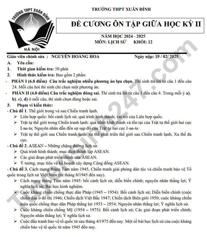 De cuong giua ki 2 mon Su 12 - THPT Xuan Dinh 2025