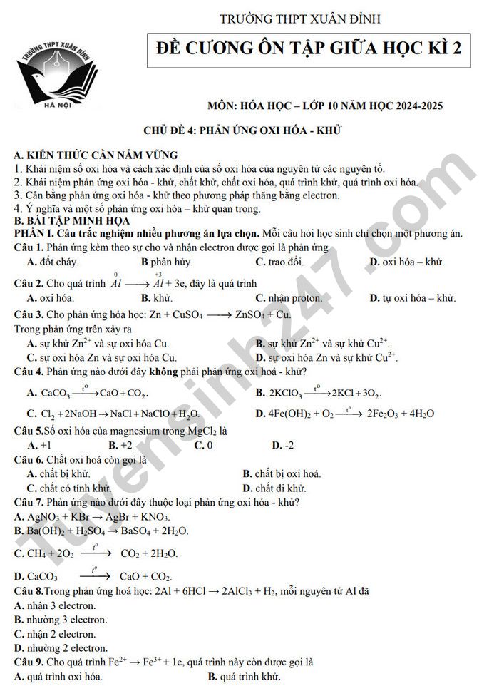 De cuong on tap giua HK2 lop 10 mon Hoa - THPT Xuan Dinh 2025