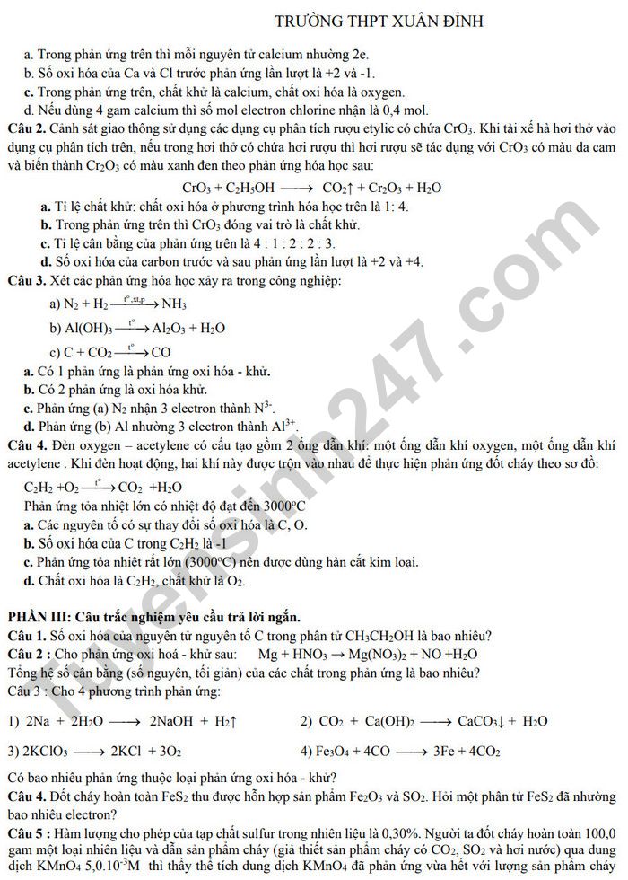 De cuong on tap giua HK2 lop 10 mon Hoa - THPT Xuan Dinh 2025