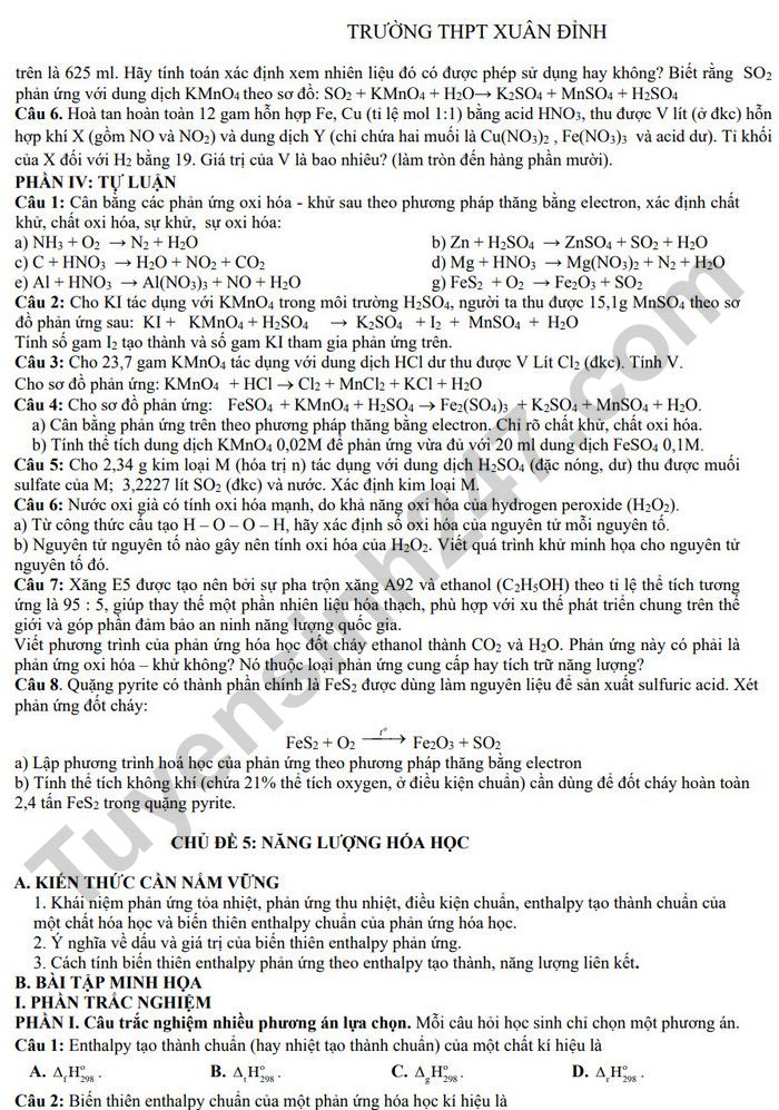 De cuong on tap giua HK2 lop 10 mon Hoa - THPT Xuan Dinh 2025