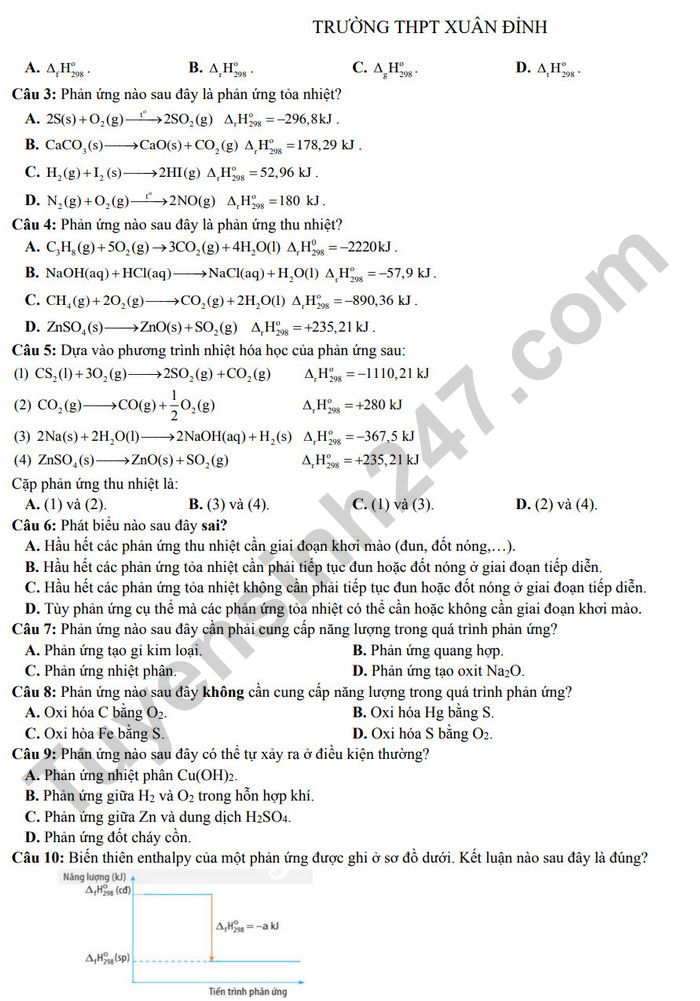 De cuong on tap giua HK2 lop 10 mon Hoa - THPT Xuan Dinh 2025