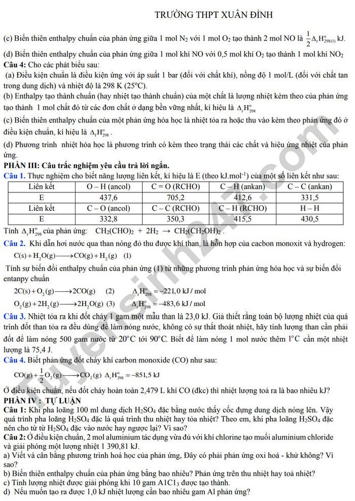 De cuong on tap giua HK2 lop 10 mon Hoa - THPT Xuan Dinh 2025