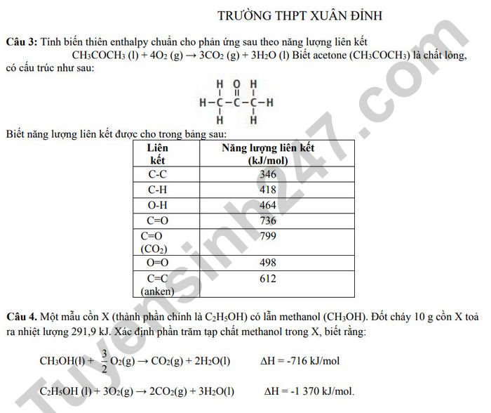 De cuong on tap giua HK2 lop 10 mon Hoa - THPT Xuan Dinh 2025