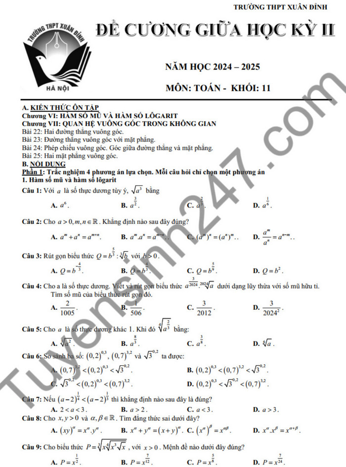De cuong giua ki 2 lop 11 mon Toan nam 2025 - THPT Xuan Dinh