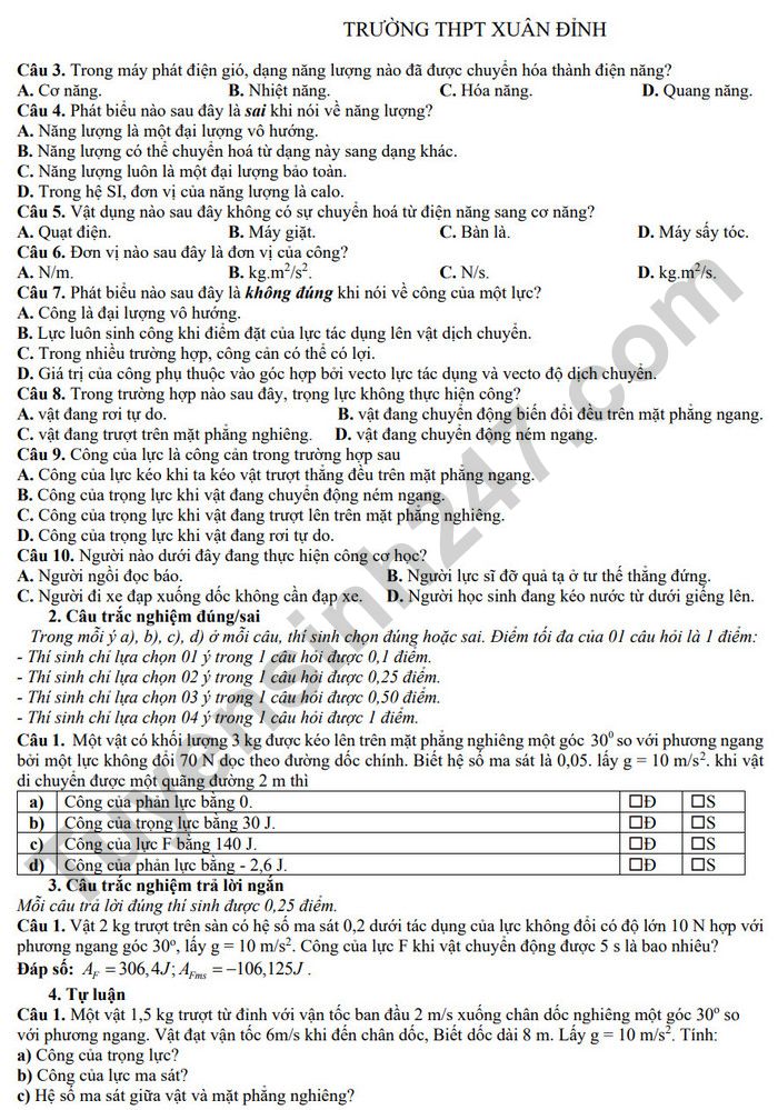 De cuong on tap giua HK2 mon Ly lop 10 - THPT Xuan Dinh nam 2025