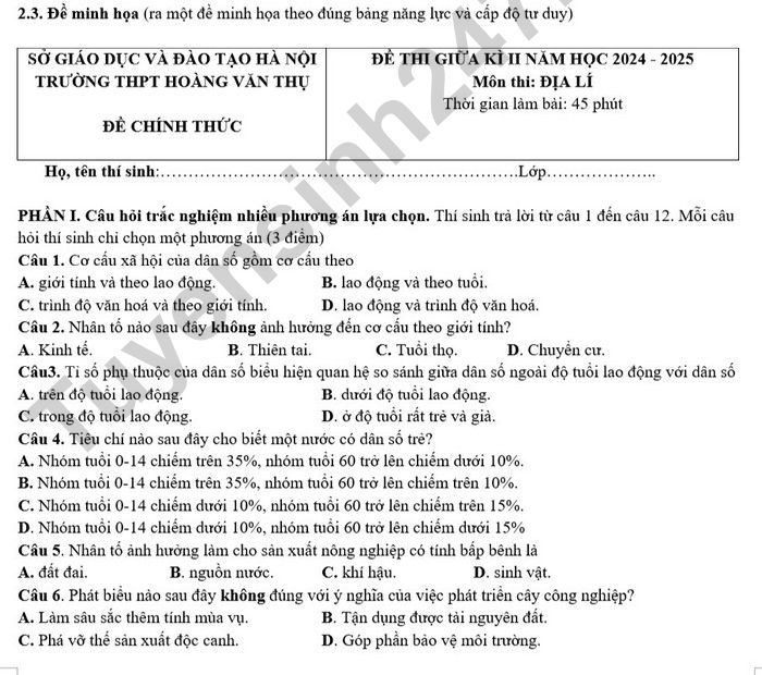 De thi minh hoa giua hoc ki 2 mon Dia 10 - THPT Hoang Van Thu 2025