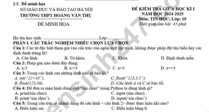 De cuong giua ki 2 lop 10 nam 2025 mon Tin - THPT Hoang Van Thu