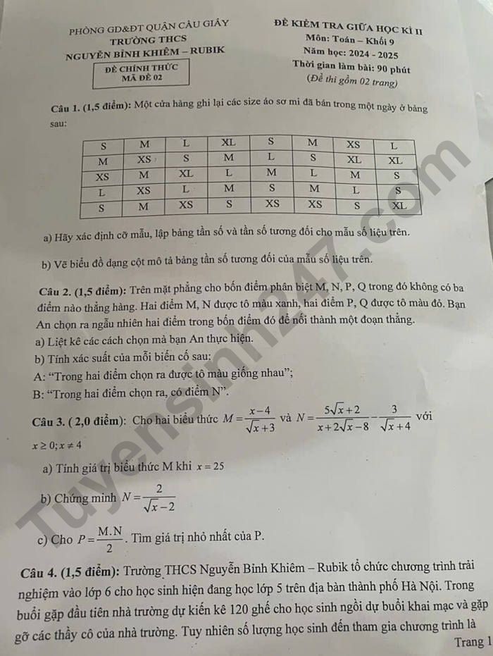 De thi giua ki 2 mon Toan 9 nam 2025 - THCS Nguyen Binh Khiem-RUBIK