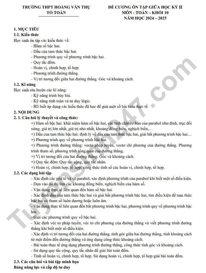 De cuong on tap giua ki 2 mon Toan lop 10 - THPT Hoang Van Thu 2025