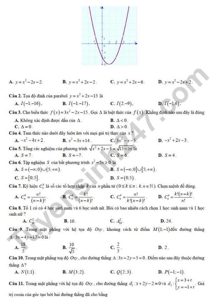 De cuong on tap giua ki 2 mon Toan lop 10 - THPT Hoang Van Thu 2025