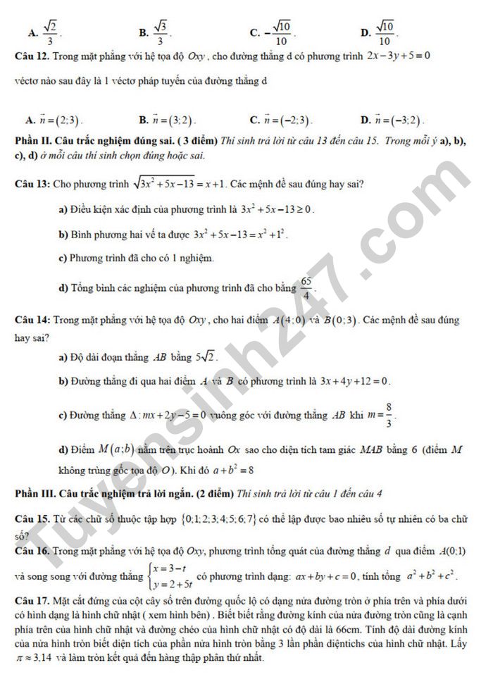 De cuong on tap giua ki 2 mon Toan lop 10 - THPT Hoang Van Thu 2025