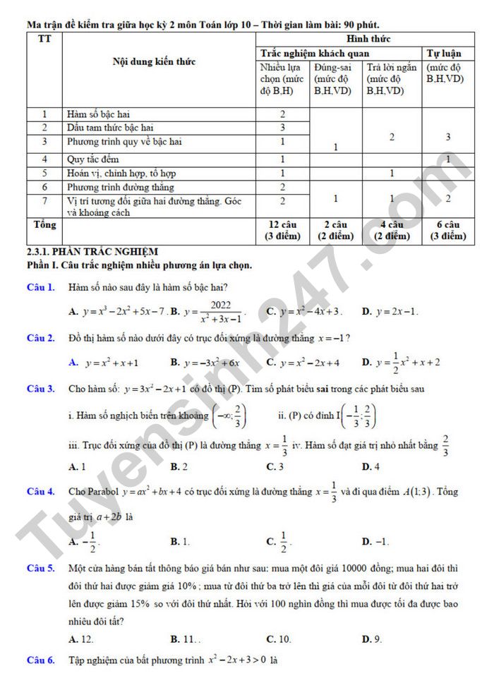 De cuong on tap giua ki 2 mon Toan lop 10 - THPT Hoang Van Thu 2025
