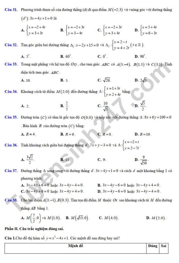 De cuong on tap giua ki 2 mon Toan lop 10 - THPT Hoang Van Thu 2025