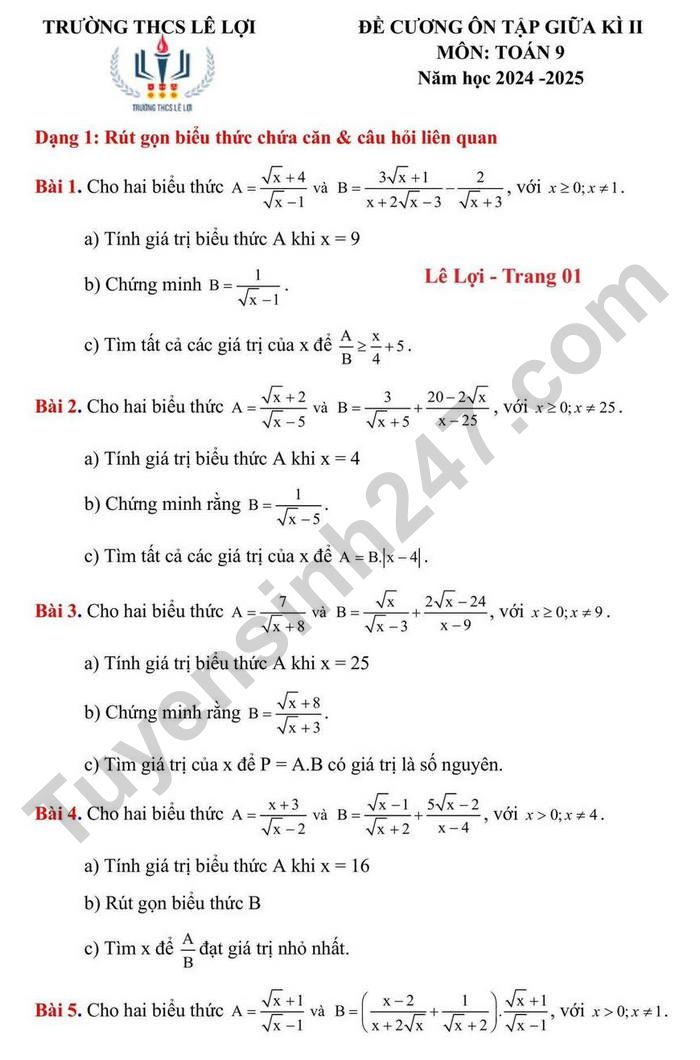 De cuong on tap mon Toan 9 giua ki 2 nam 2025 - THCS Le Loi
