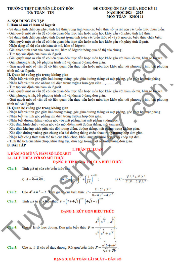 Huong dan on tap mon Toan giua HK2 lop 11 - THPT Chuyen Le Quy Don 2025