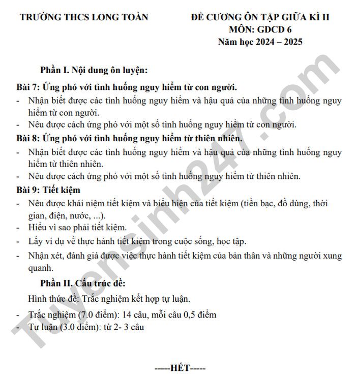 De cuong on tap giua ki 2 mon GDCD 6 - THCS Long Toan 2025